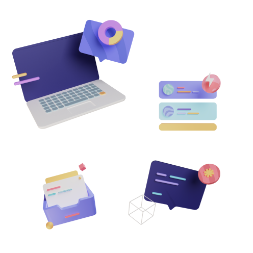 A collection of colorful, stylized illustrations depicting various digital communication and management tools. The image includes a laptop with a notification icon, a set of interface widgets showing notifications and statistics, a folder filled with documents, and a speech bubble with a decorative symbol next to a 3D geometric shape.
