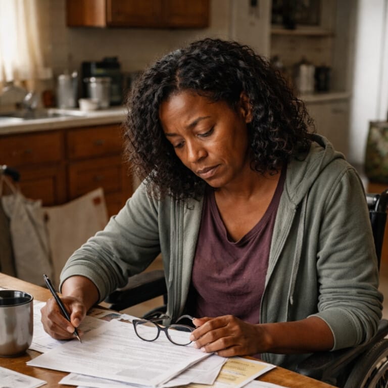 A Black woman in a wheelchair sits at a table, writing on papers with a pen and holding her glasses.