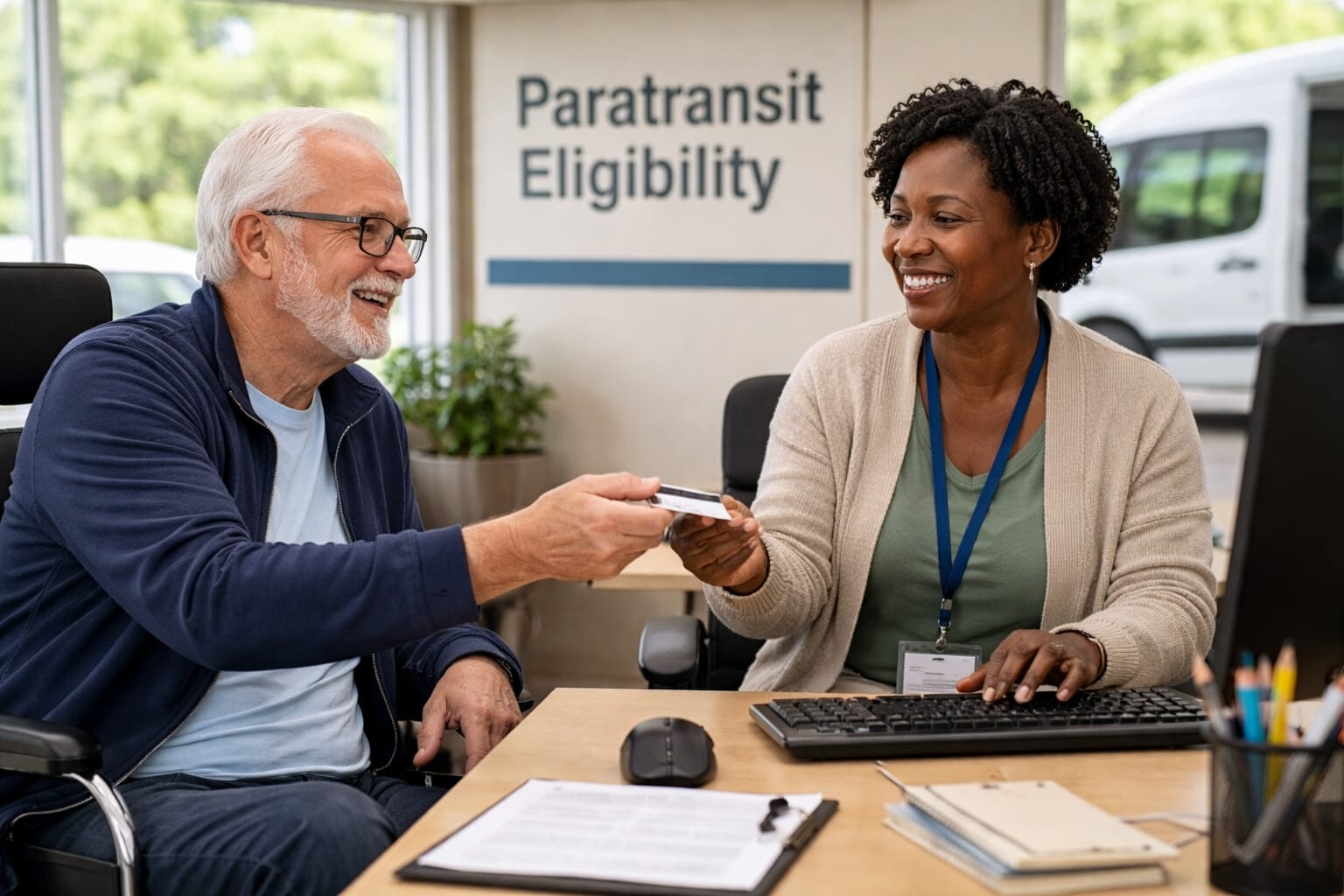 A smiling older man in a wheelchair hands a card to a smiling Black woman at a desk in an office with a "Paratransit Eligibility" sign.
