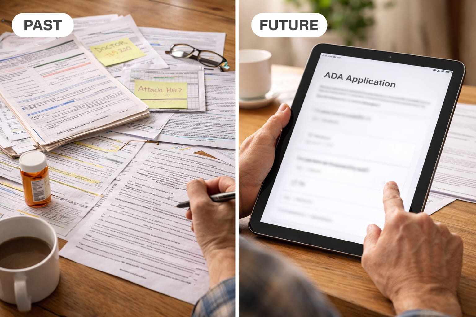 Split image showing a messy desk with papers, a pill bottle, and coffee in the "PAST" section, and a hand holding a tablet displaying an "ADA Application" in the "FUTURE" section.