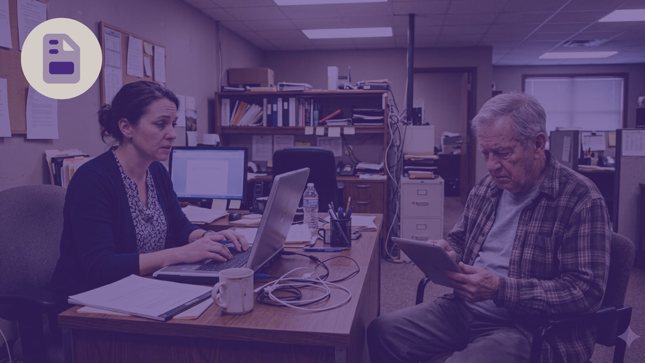 A woman works on a laptop at a desk while an older man looks at a tablet in an office.